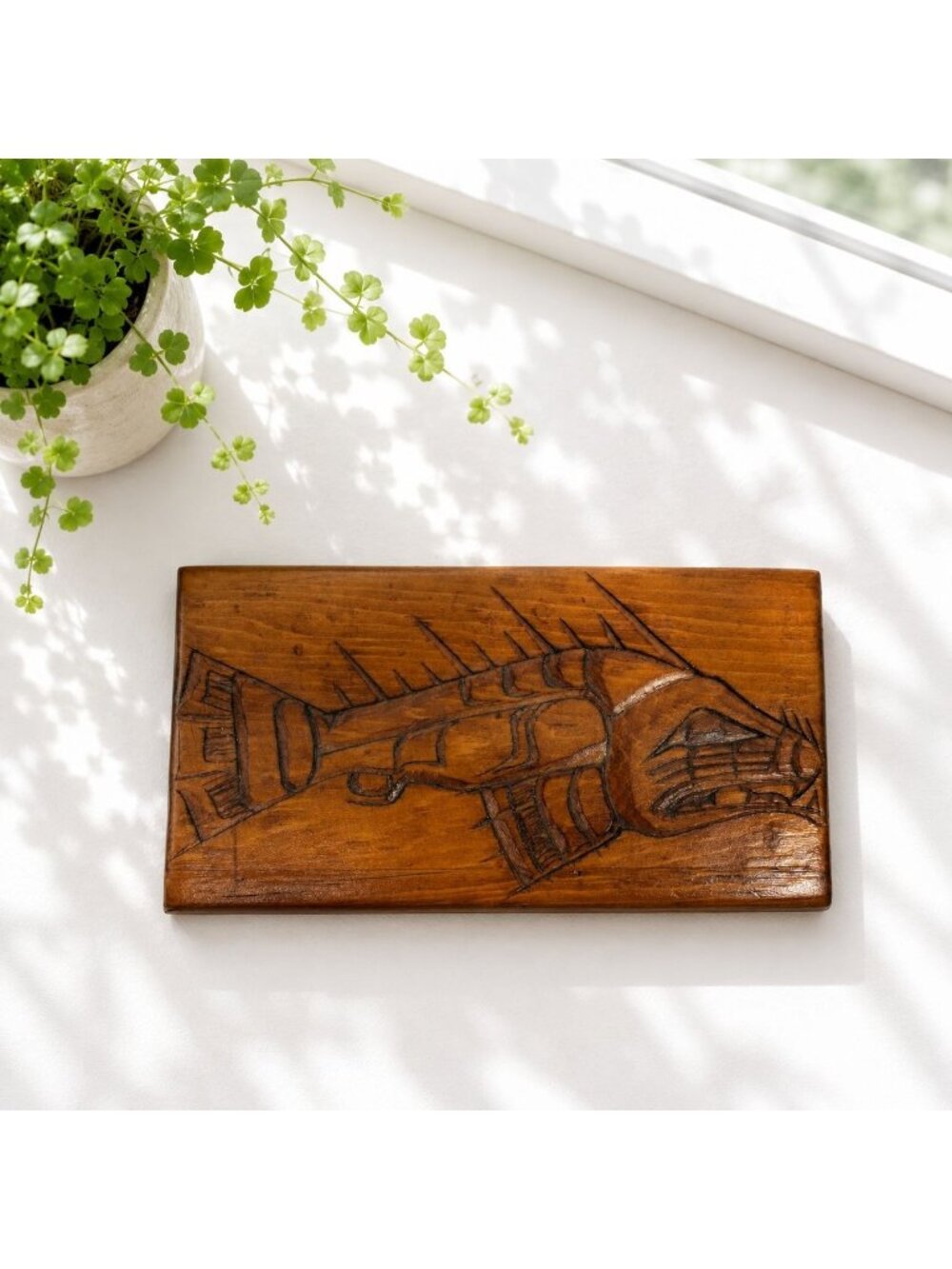 Hand-Carved Wooden Wall Art Plaque With Fish Design 6"x3"x1.5" Vintage Decor